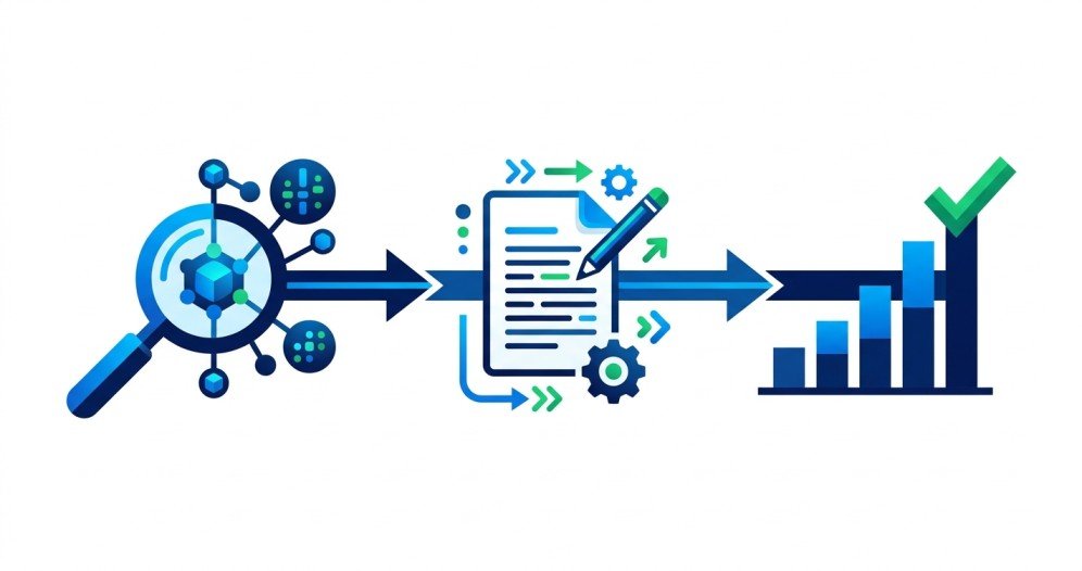 Three-phase AI SEO strategy workflow showing keyword research, content execution, and ranking optimization for Google first page results, AI Google ranking strategy, rank faster on Google first page