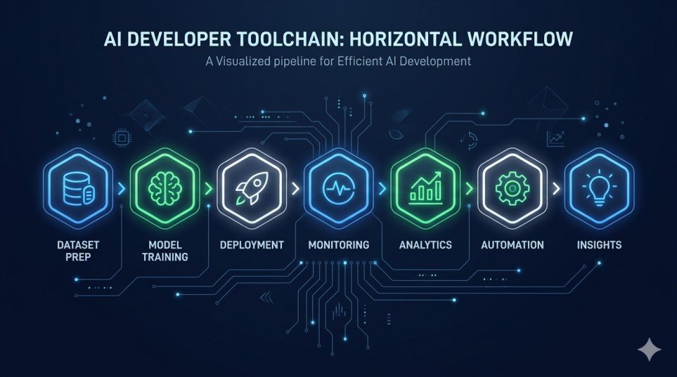 AI website development tools comparison showing a workflow pipeline of the top 7 AI tools used by web developers in 2026, AI website development tools, best AI coding tools