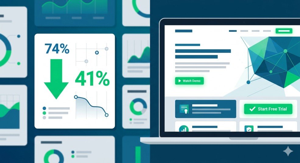 Analytics dashboard showing bounce rate drop from 74% to 41% after a professional UI/UX redesign by Capslock Agency, AI UI/UX design limitations, why hire a design agency 2026