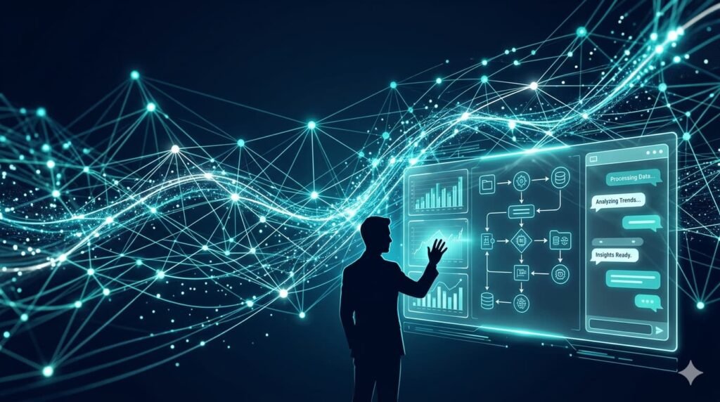 AI solutions services illustration showing neural networks and automation workflows — Capslock Agency USA