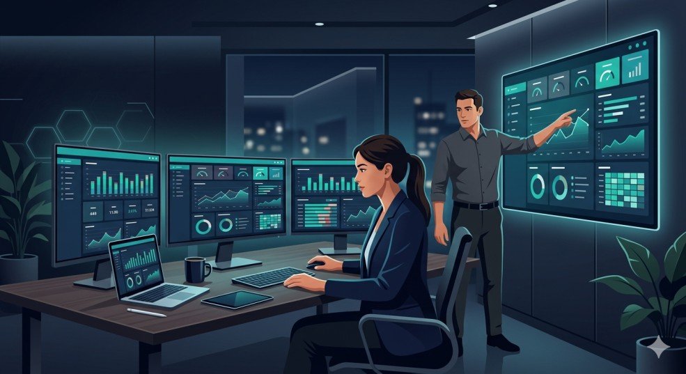 Analytics and research services team reviewing business data dashboards — Capslock Agency USA