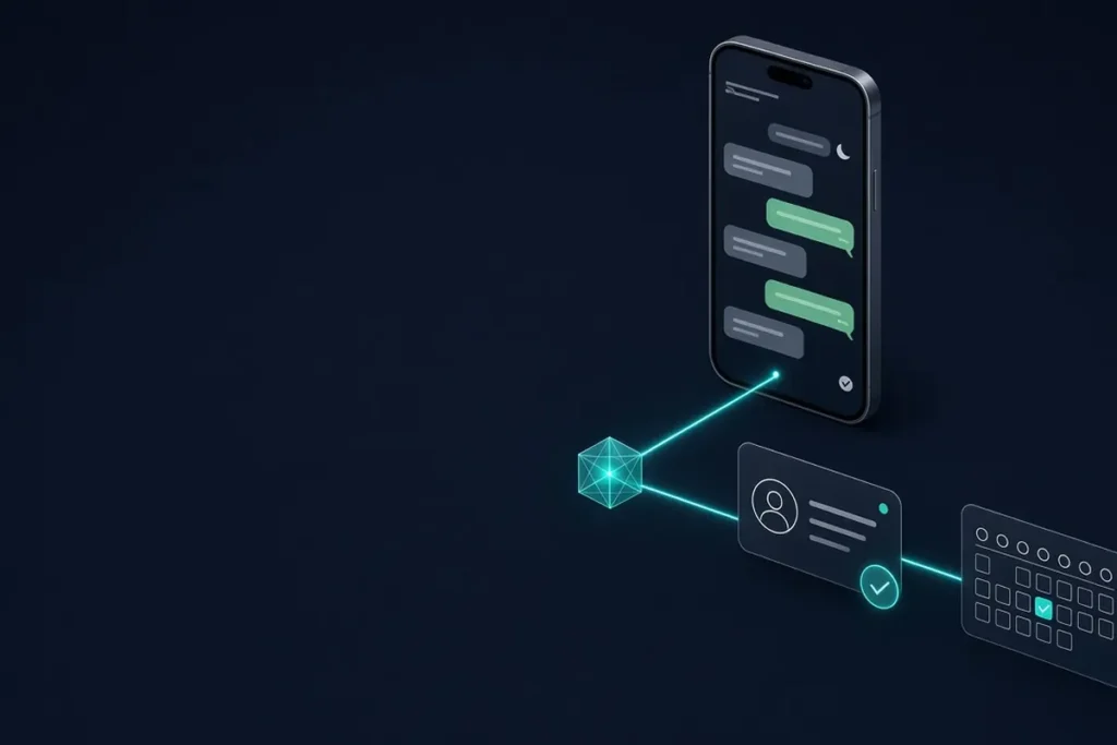 Illustration of WhatsApp messages answered automatically by an AI assistant and saved as a lead in a CRM